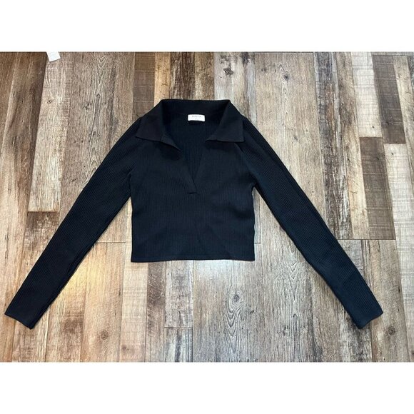 Babaton Sculpt Knit Polo Ribbed Long Sleeve in Black Size Large - Picture 4 of 11